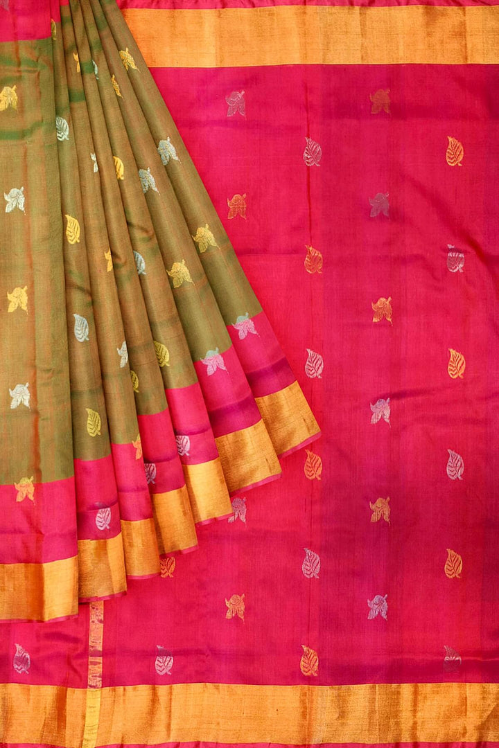 Handwoven Uppada pure silk saree in  two tone olive green with gold & silver motifs