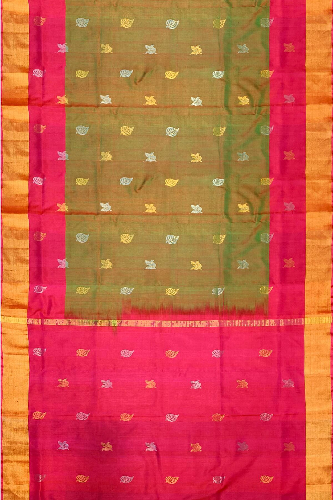 Handwoven Uppada pure silk saree in  two tone olive green with gold & silver motifs