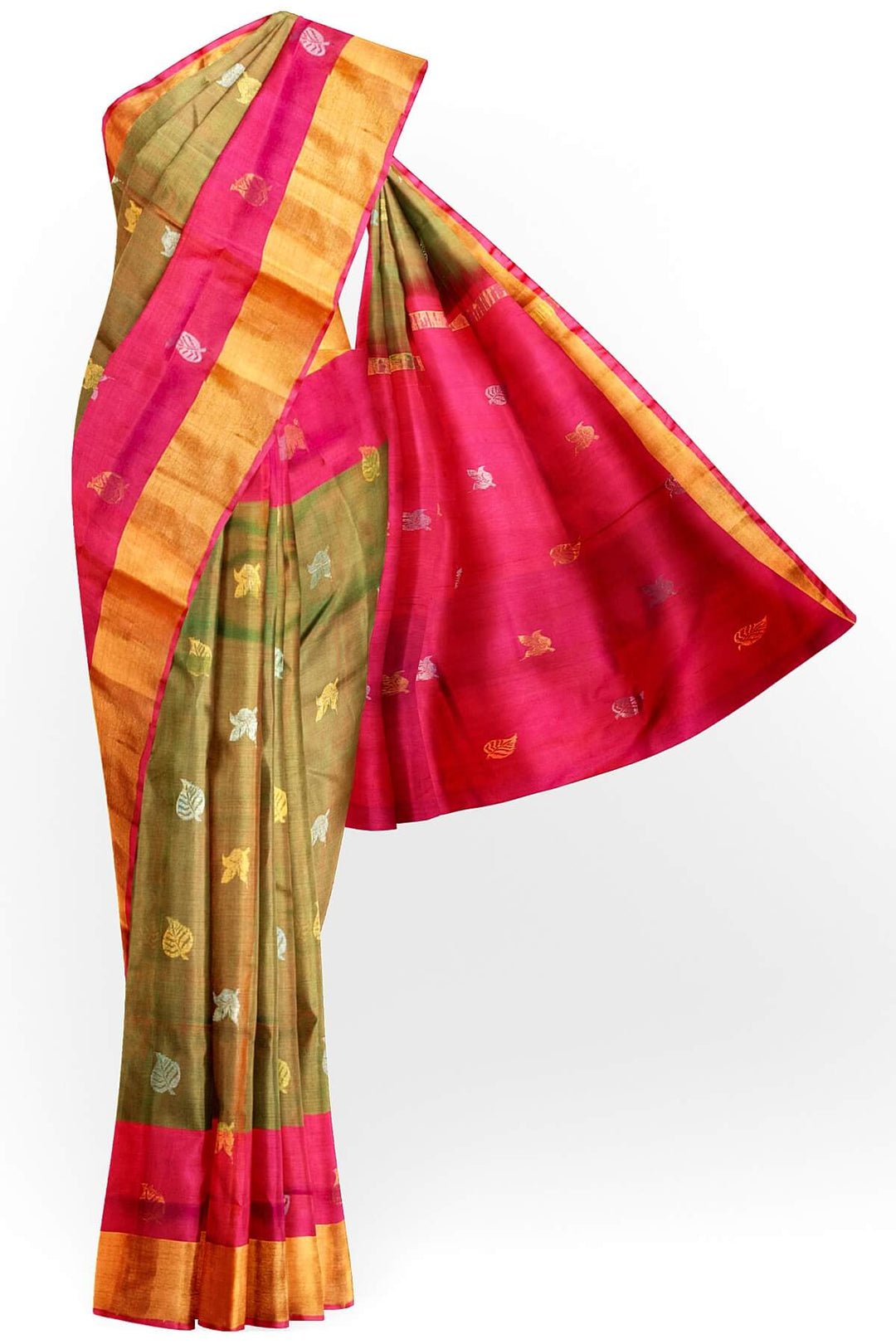 Handwoven Uppada pure silk saree in  two tone olive green with gold & silver motifs
