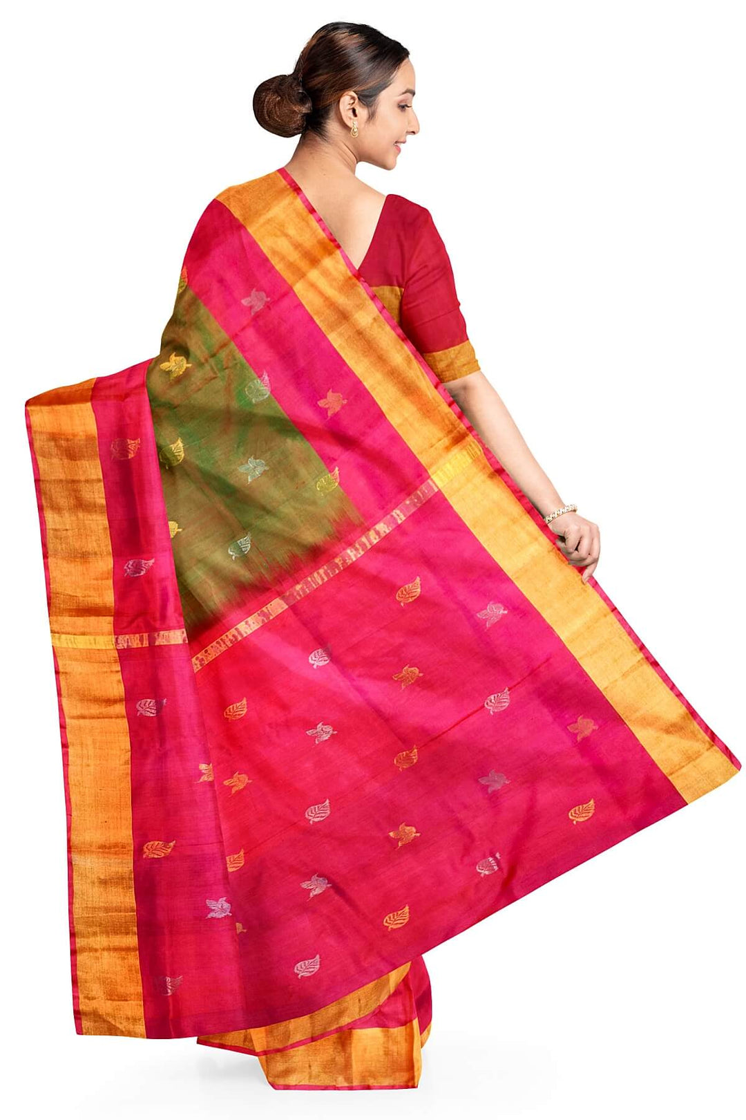 Handwoven Uppada pure silk saree in  two tone olive green with gold & silver motifs