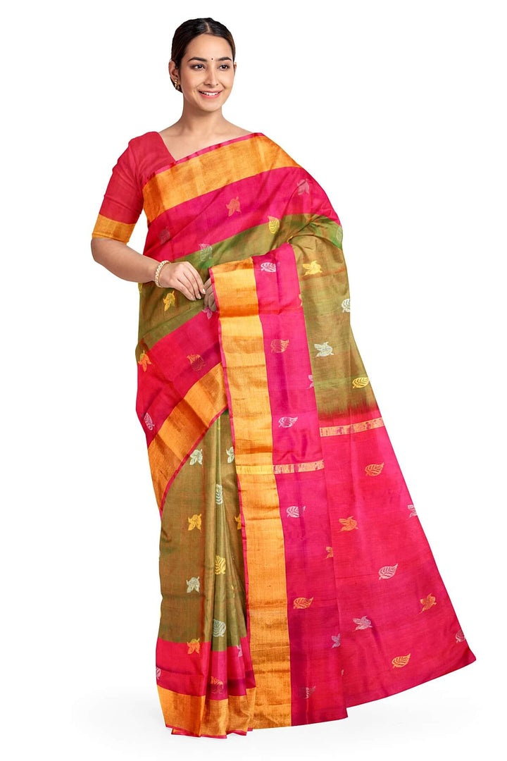 Handwoven Uppada pure silk saree in  two tone olive green with gold & silver motifs