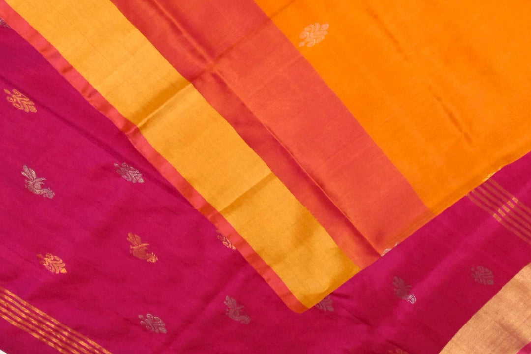 Handwoven Uppada pure silk saree in  orange with gold & silver motifs