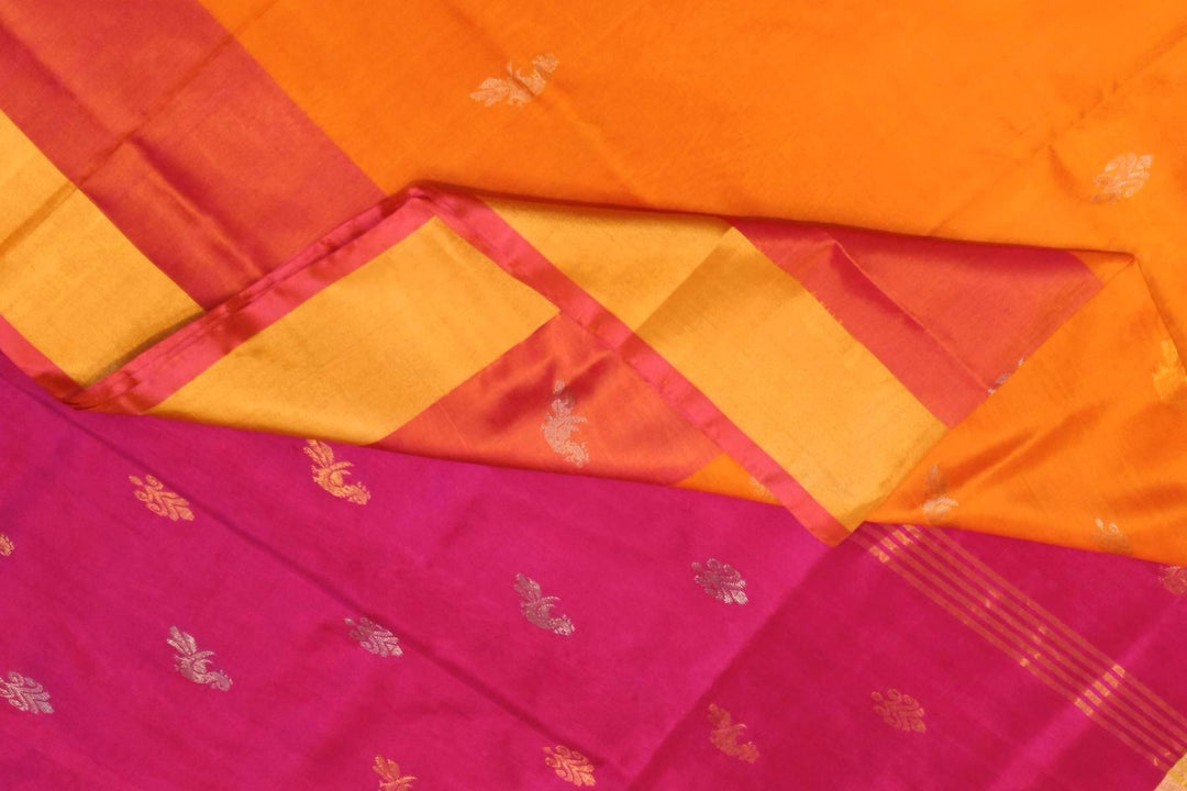 Handwoven Uppada pure silk saree in  orange with gold & silver motifs