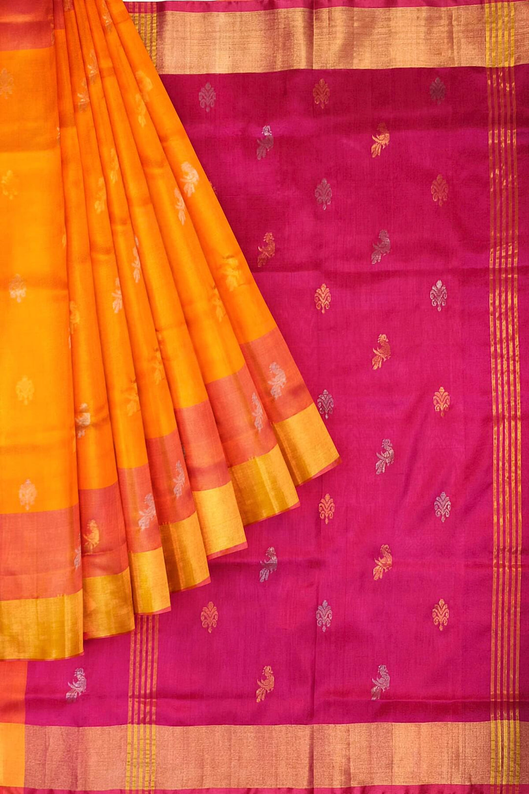 Handwoven Uppada pure silk saree in  orange with gold & silver motifs