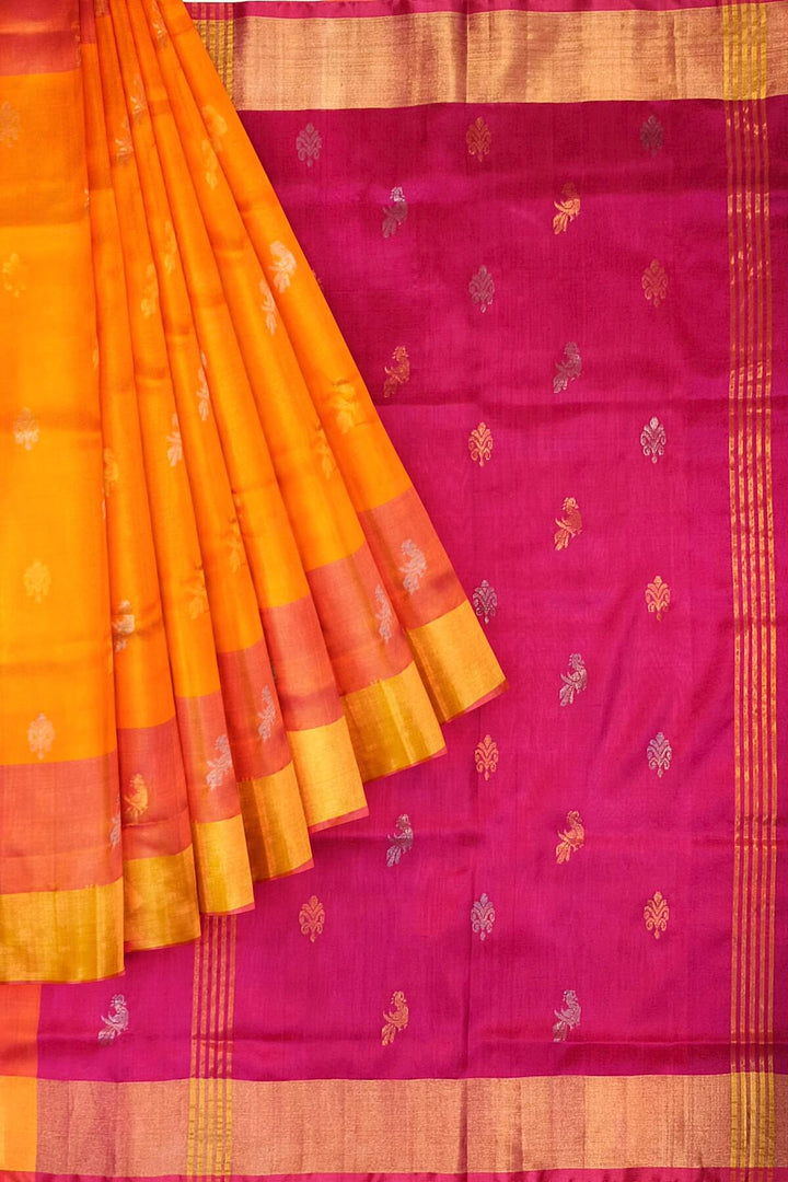 Handwoven Uppada pure silk saree in  orange with gold & silver motifs