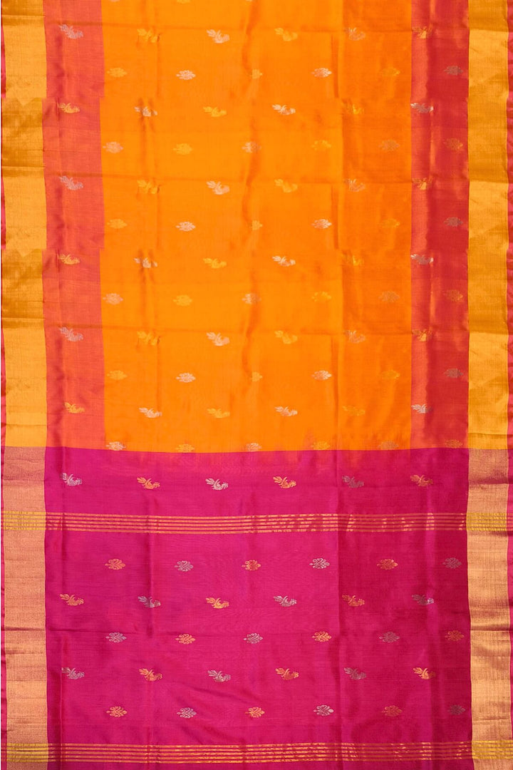 Handwoven Uppada pure silk saree in  orange with gold & silver motifs