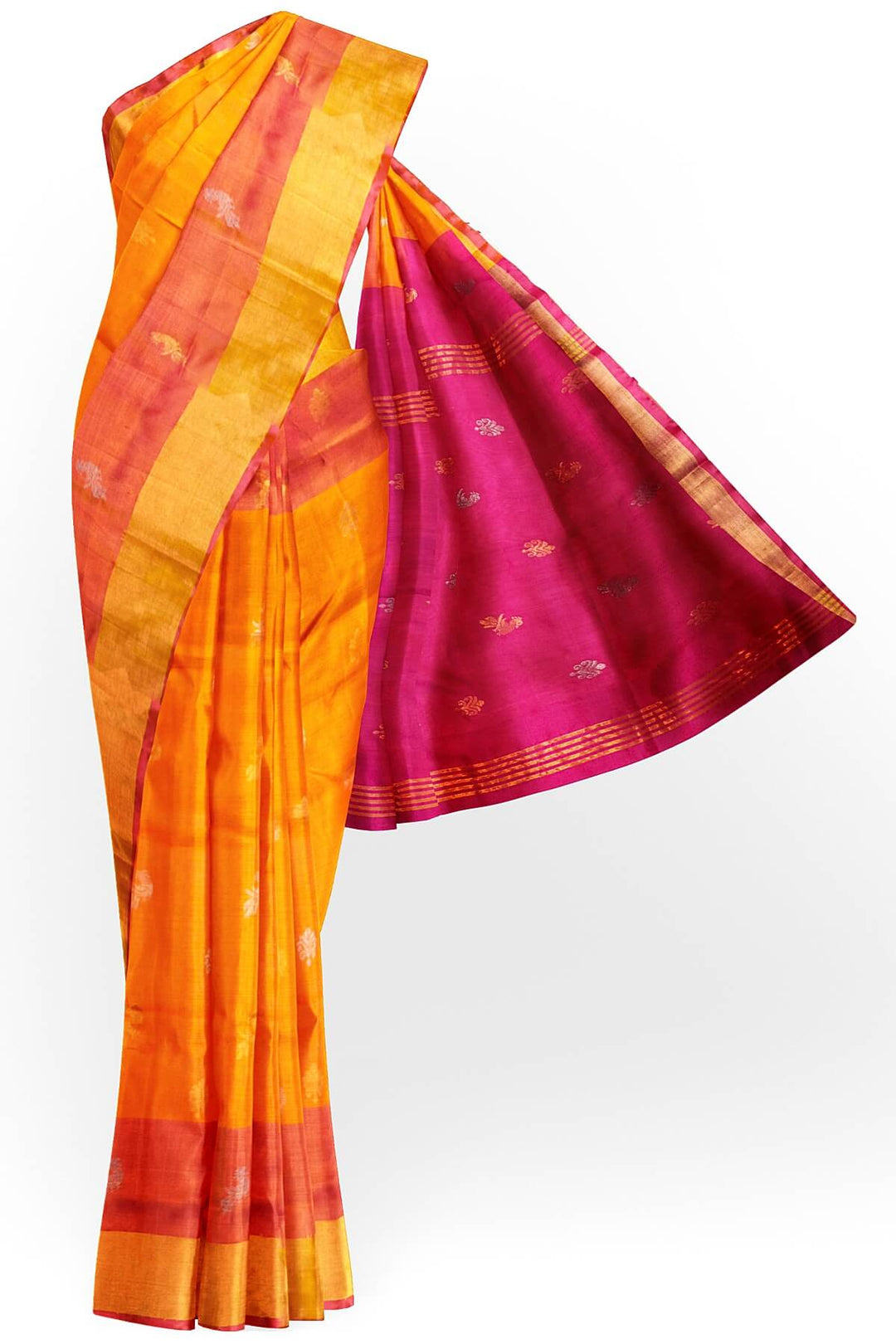 Handwoven Uppada pure silk saree in  orange with gold & silver motifs