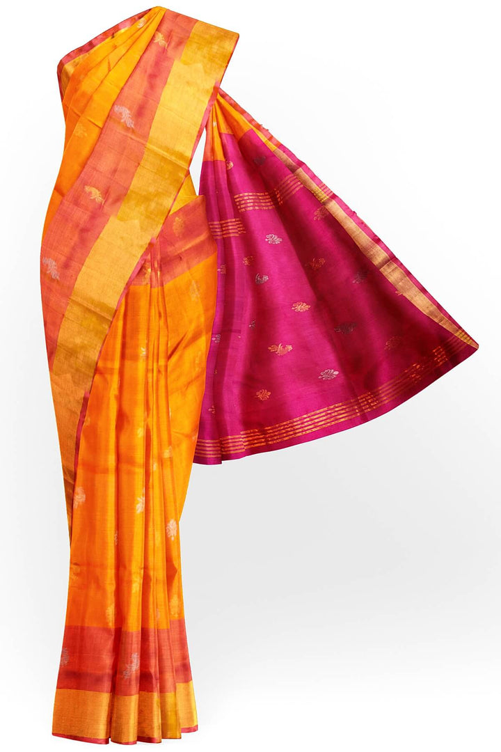 Handwoven Uppada pure silk saree in  orange with gold & silver motifs