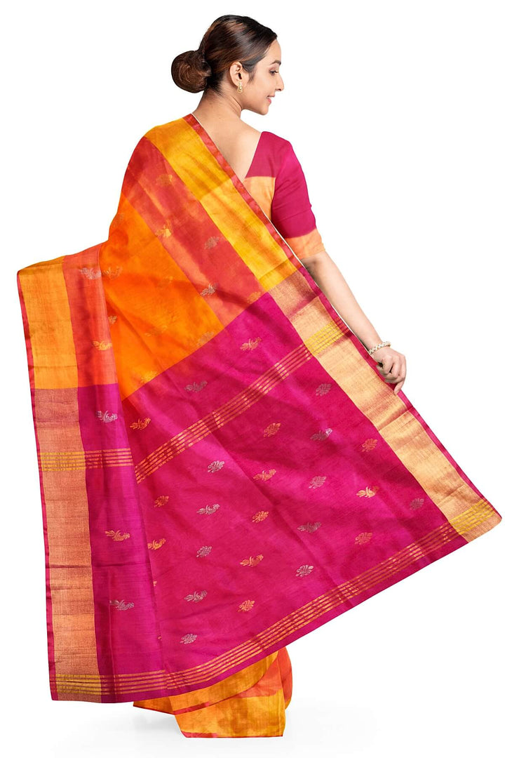 Handwoven Uppada pure silk saree in  orange with gold & silver motifs