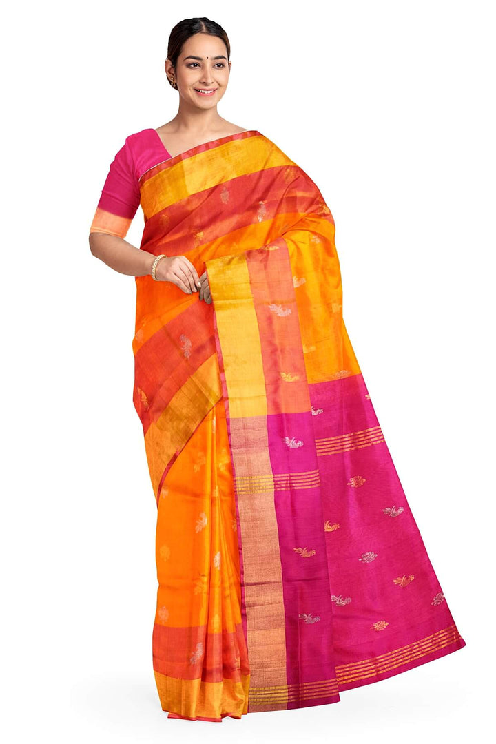Handwoven Uppada pure silk saree in  orange with gold & silver motifs