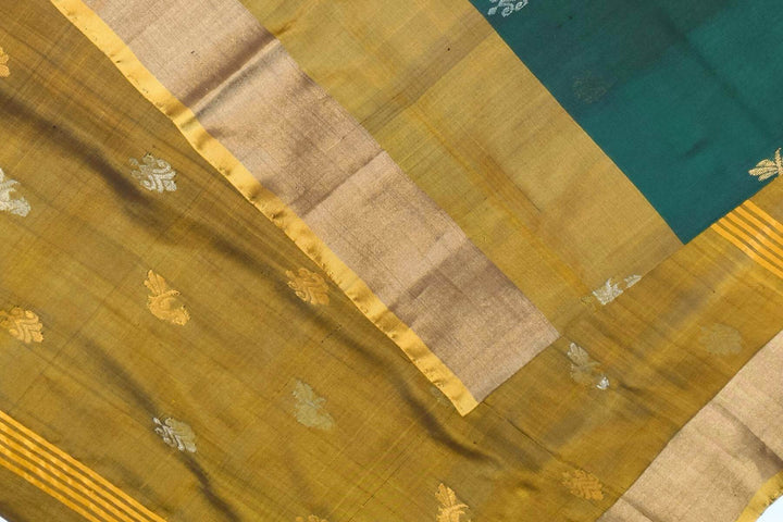 Handwoven Uppada pure silk saree in  two tone bottle green with gold & silver motifs