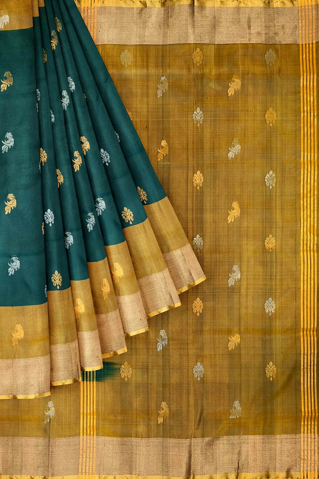 Handwoven Uppada pure silk saree in  two tone bottle green with gold & silver motifs