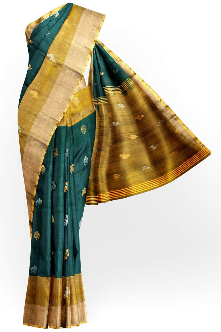 Handwoven Uppada pure silk saree in  two tone bottle green with gold & silver motifs