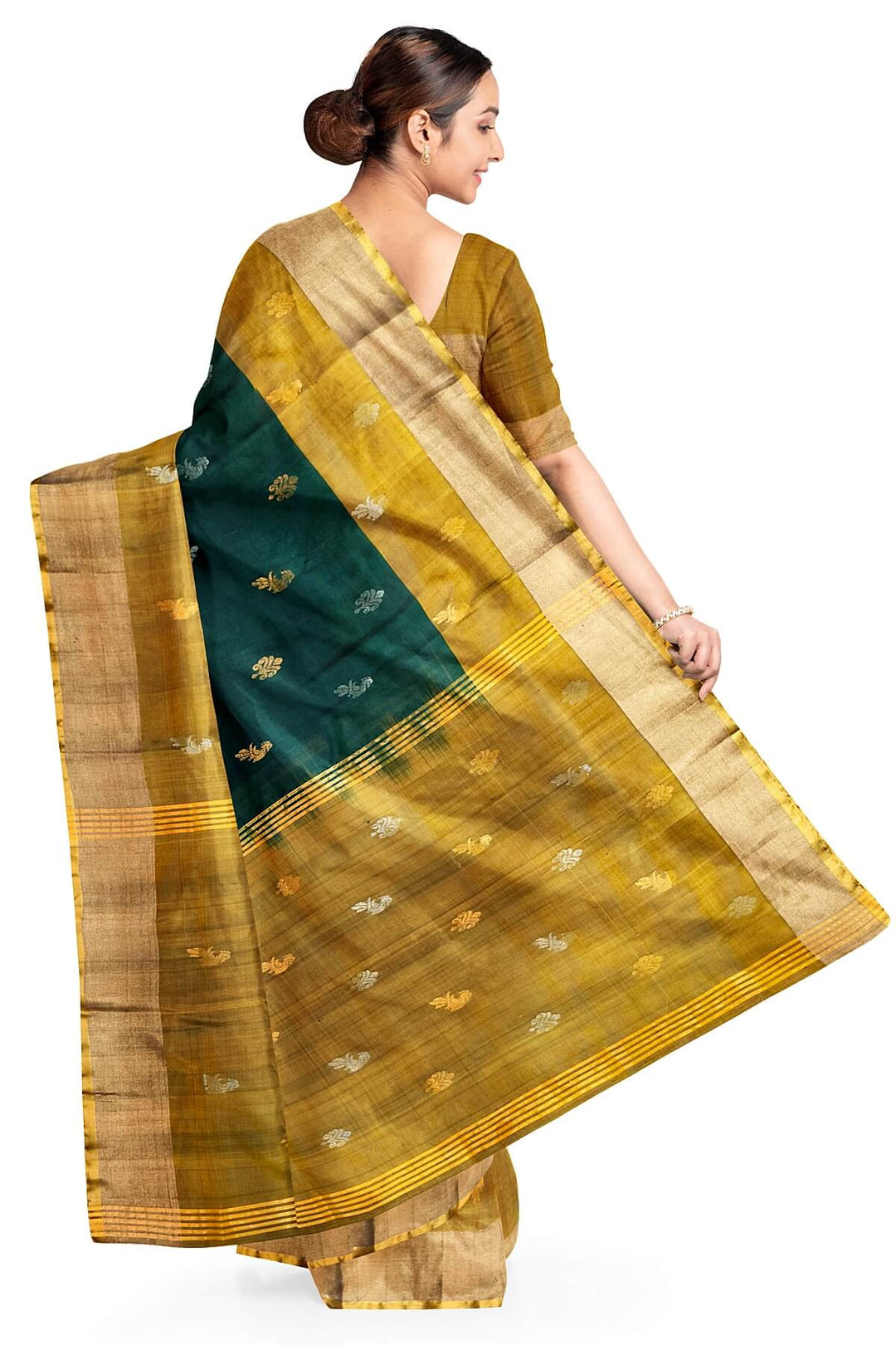 Handwoven Uppada pure silk saree in  two tone bottle green with gold & silver motifs