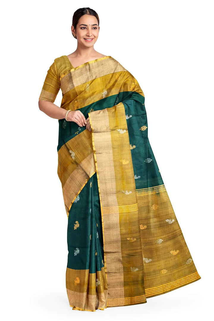 Handwoven Uppada pure silk saree in  two tone bottle green with gold & silver motifs