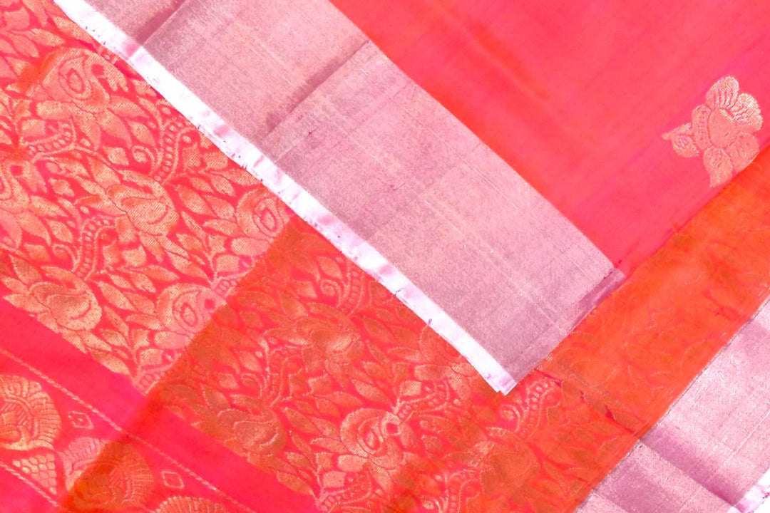 Handwoven Uppada pure silk saree in two tone pink with  floral motifs .