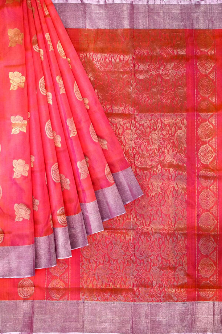 Handwoven Uppada pure silk saree in two tone pink with  floral motifs .