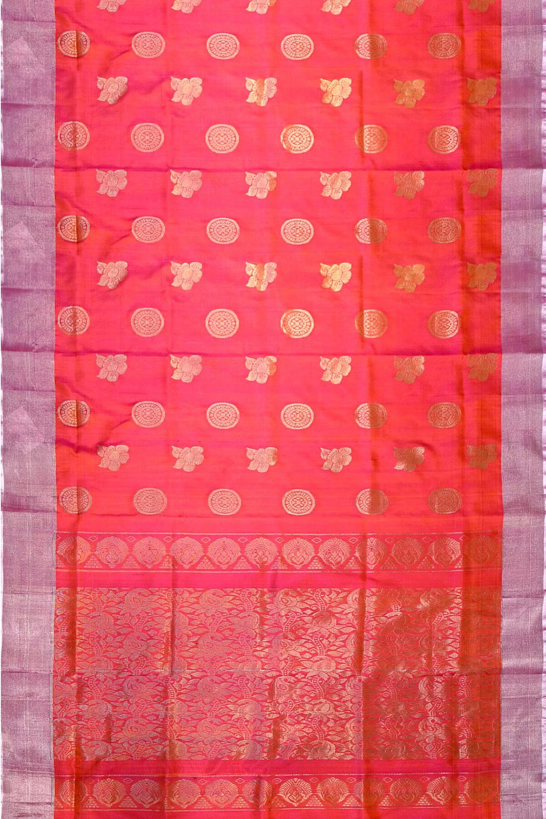 Handwoven Uppada pure silk saree in two tone pink with  floral motifs .