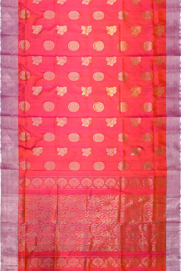 Handwoven Uppada pure silk saree in two tone pink with  floral motifs .