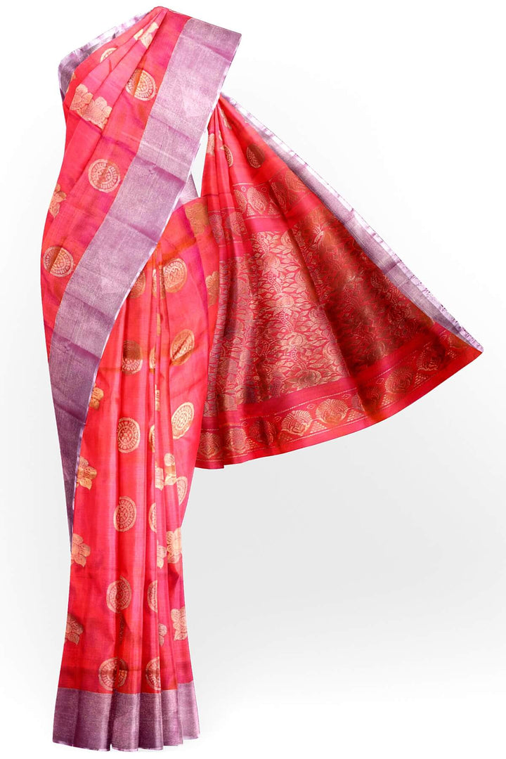 Handwoven Uppada pure silk saree in two tone pink with  floral motifs .