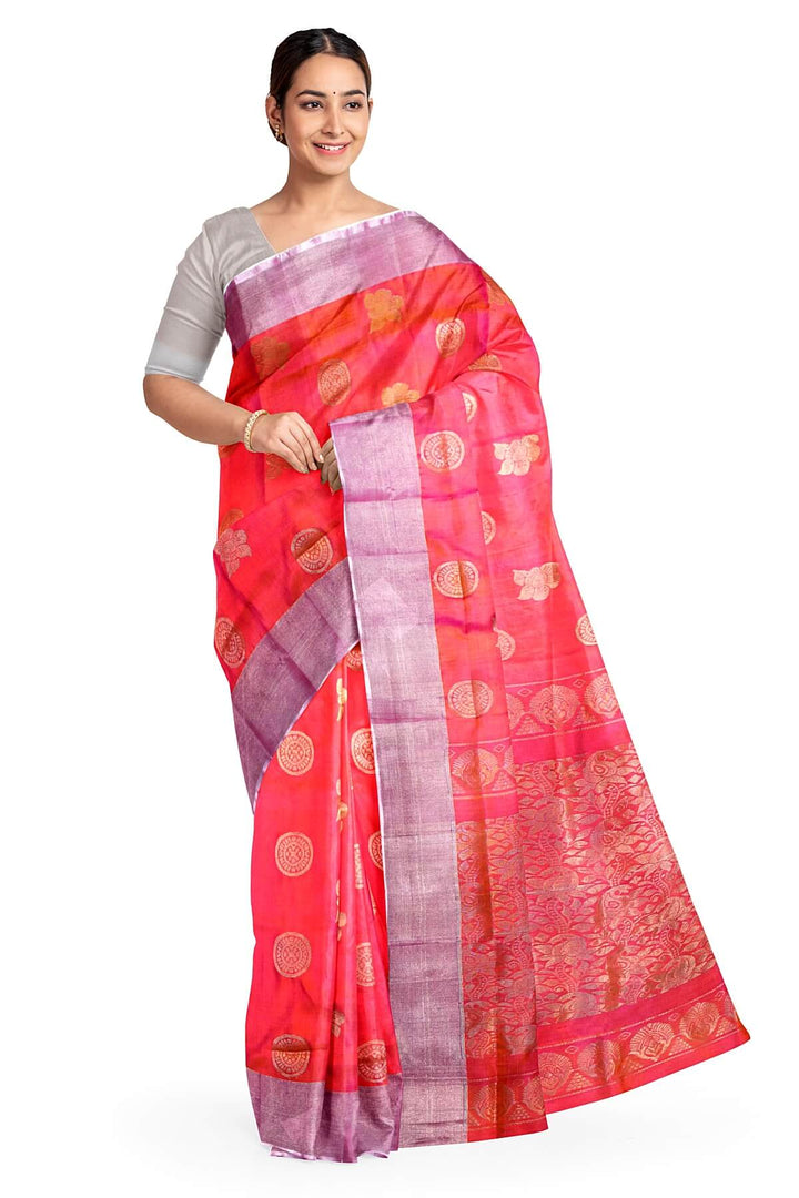 Handwoven Uppada pure silk saree in two tone pink with  floral motifs .