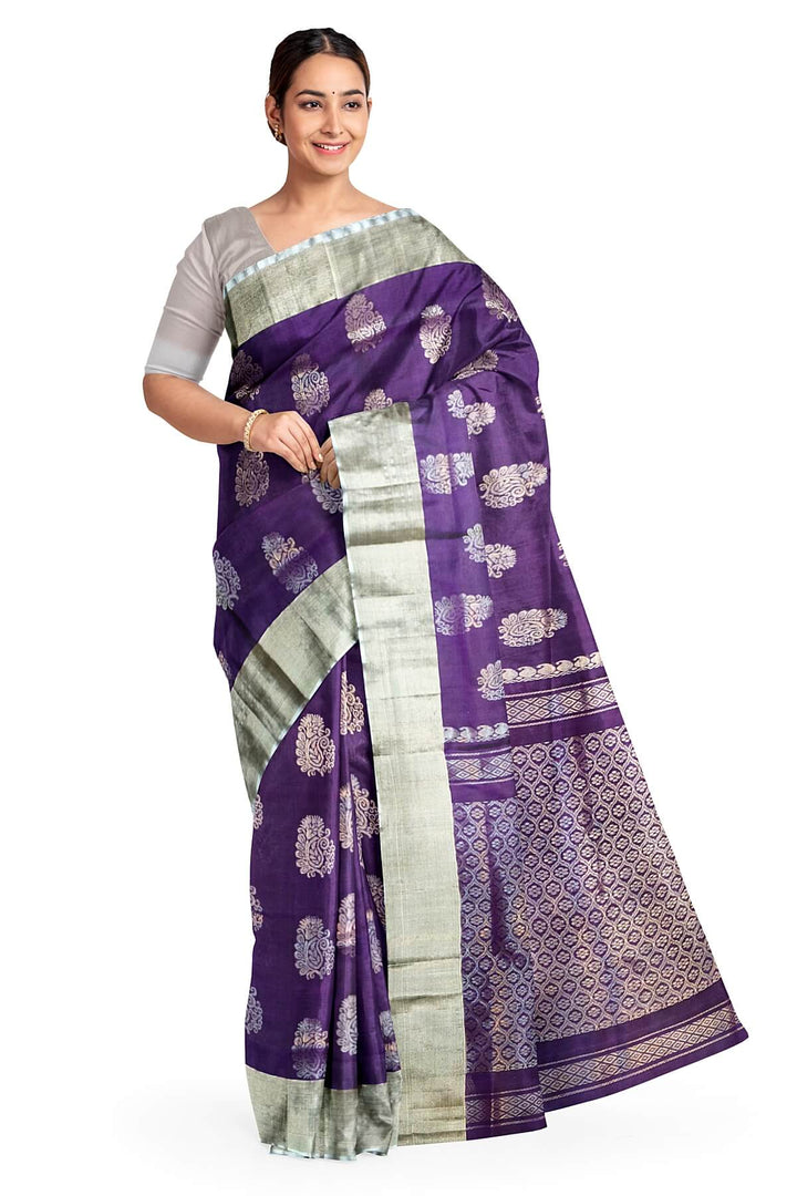 Handwoven Uppada pure silk saree in violet with  floral motifs .