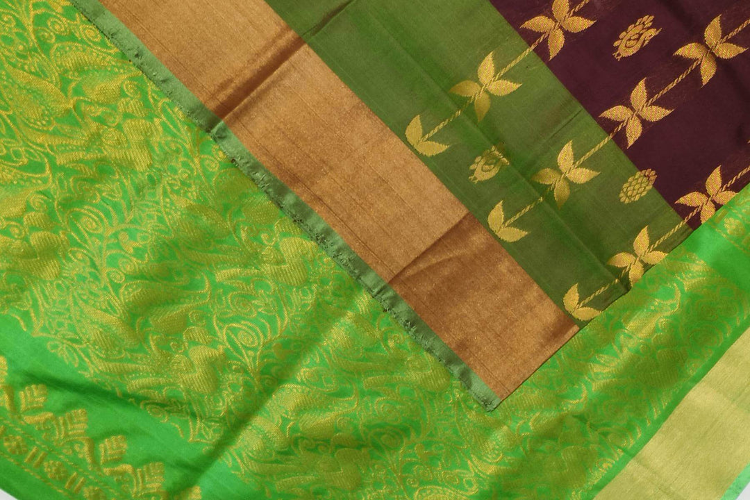 Handloom Uppada pure silk saree in brown with leaf & peacock motifs