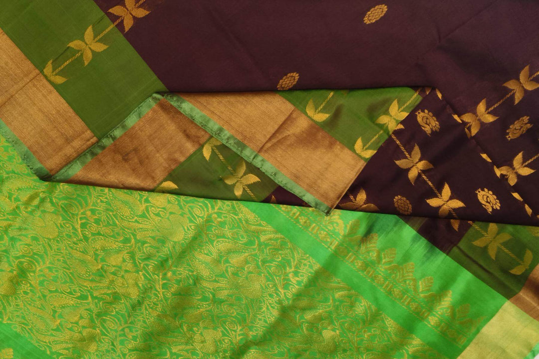 Handloom Uppada pure silk saree in brown with leaf & peacock motifs