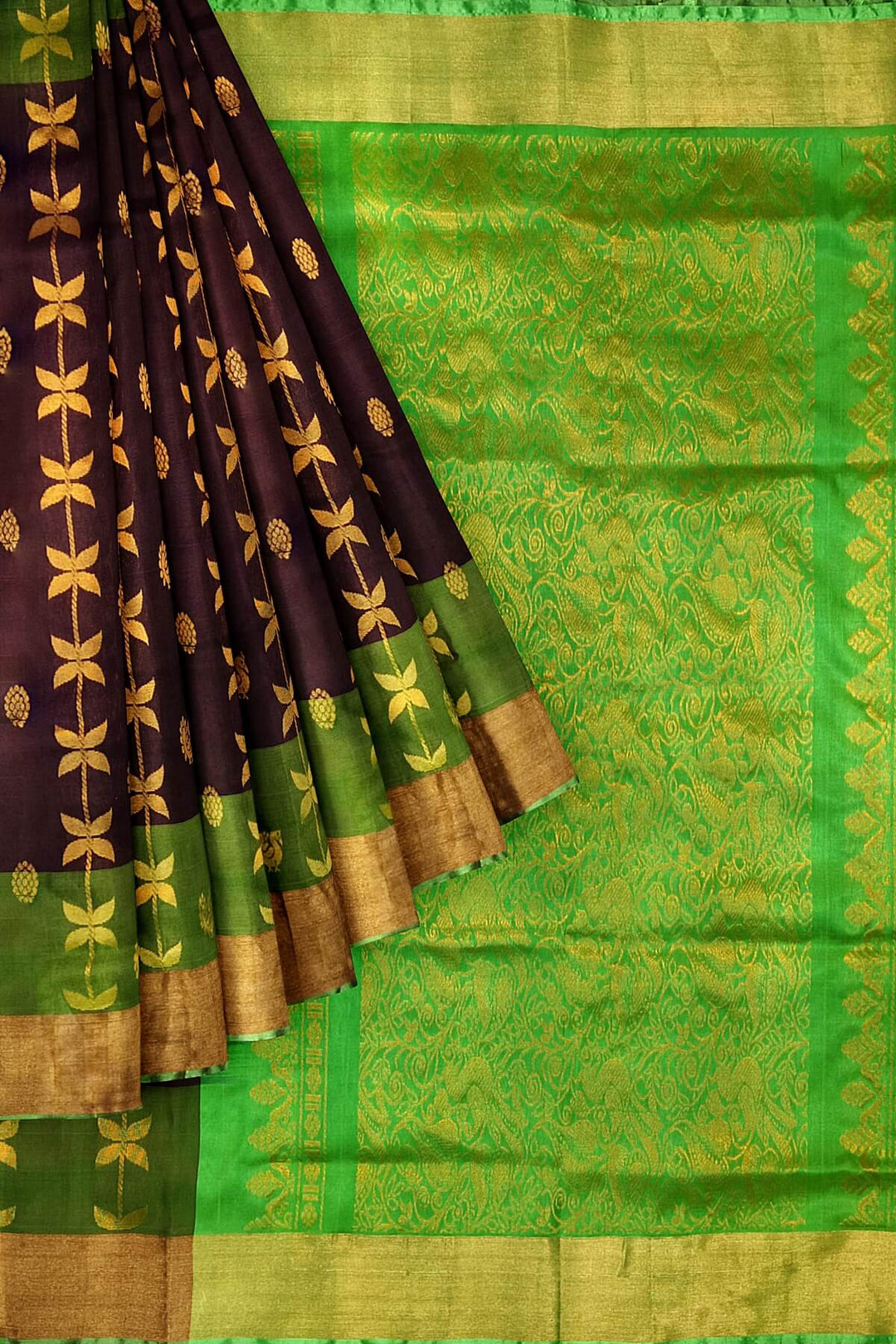 Handloom Uppada pure silk saree in brown with leaf & peacock motifs
