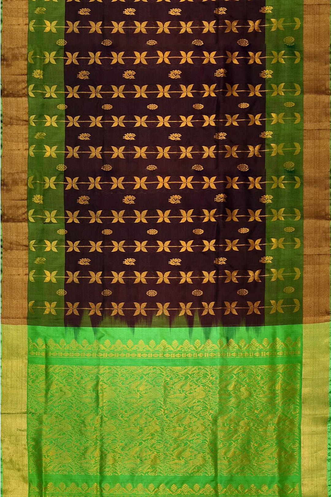 Handloom Uppada pure silk saree in brown with leaf & peacock motifs