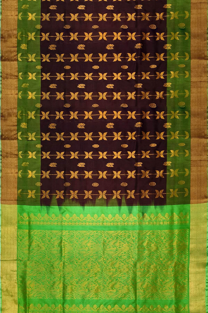 Handloom Uppada pure silk saree in brown with leaf & peacock motifs
