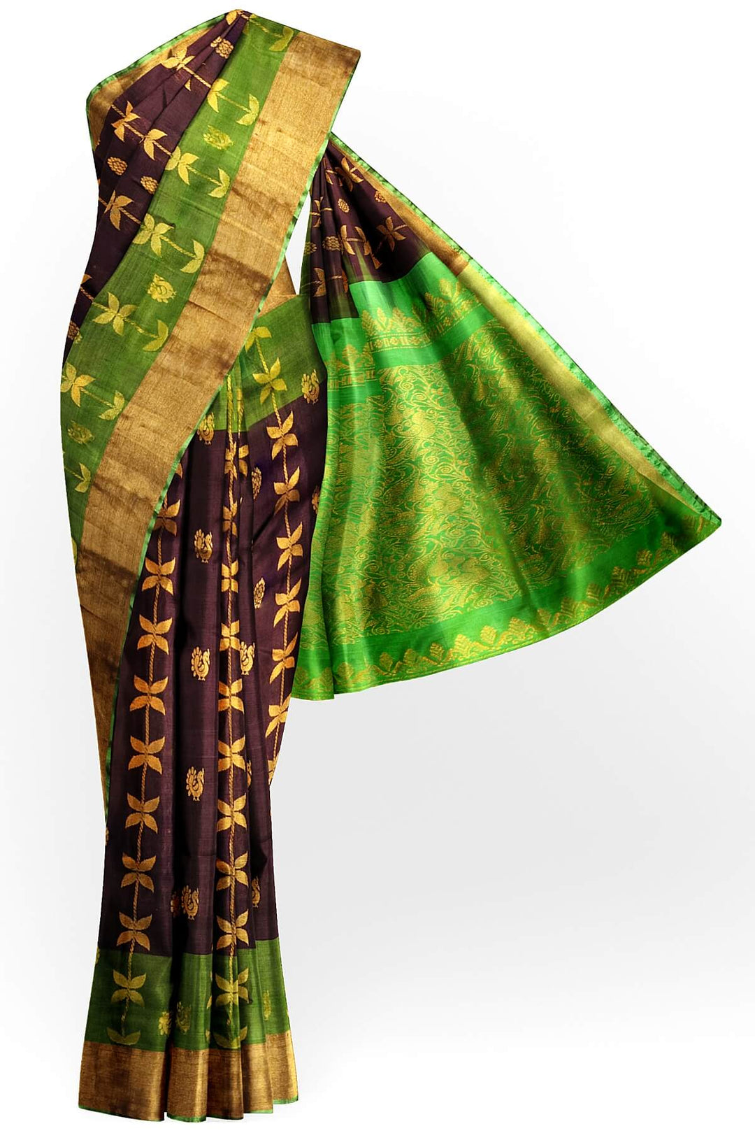 Handloom Uppada pure silk saree in brown with leaf & peacock motifs