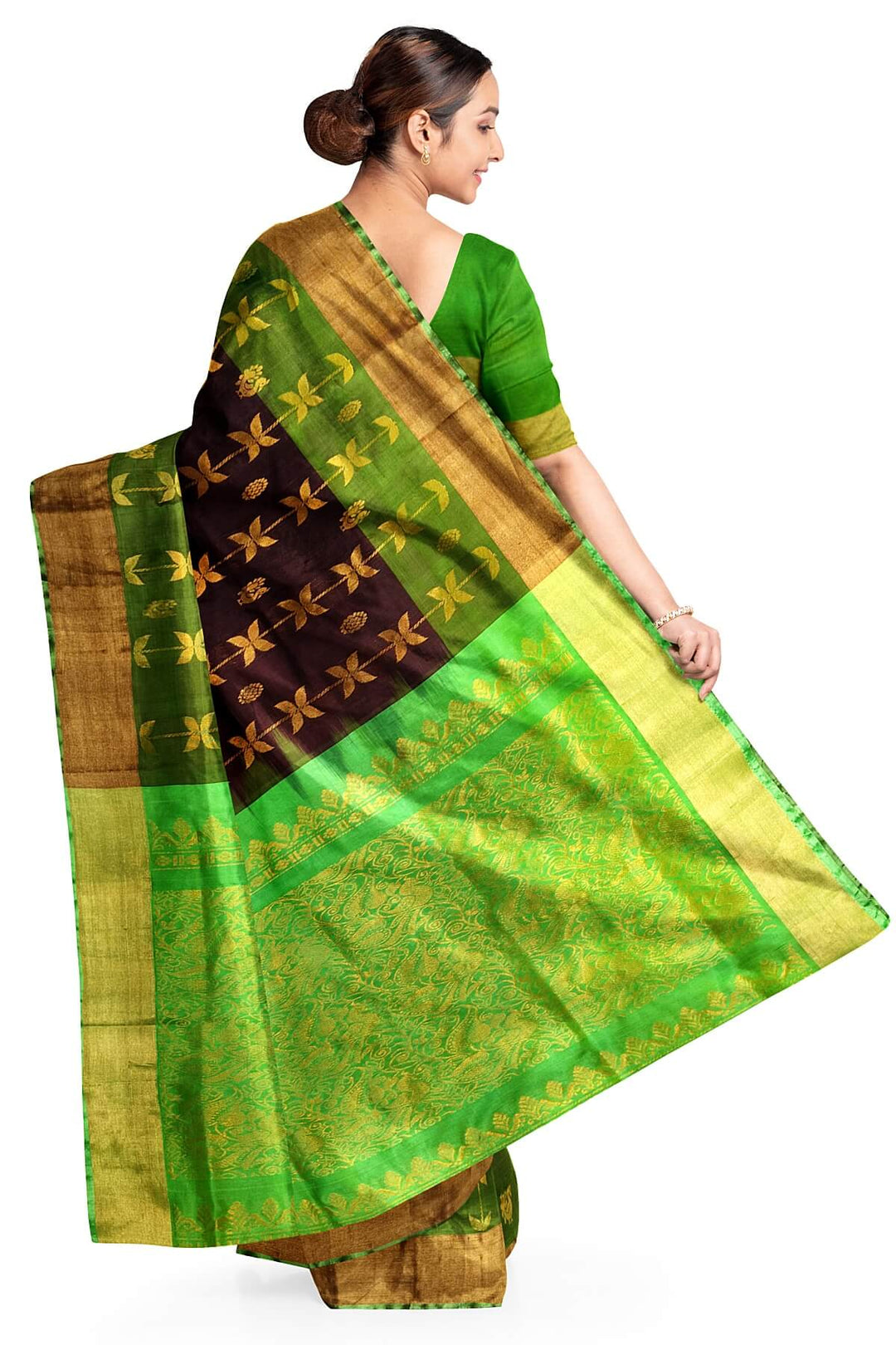 Handloom Uppada pure silk saree in brown with leaf & peacock motifs