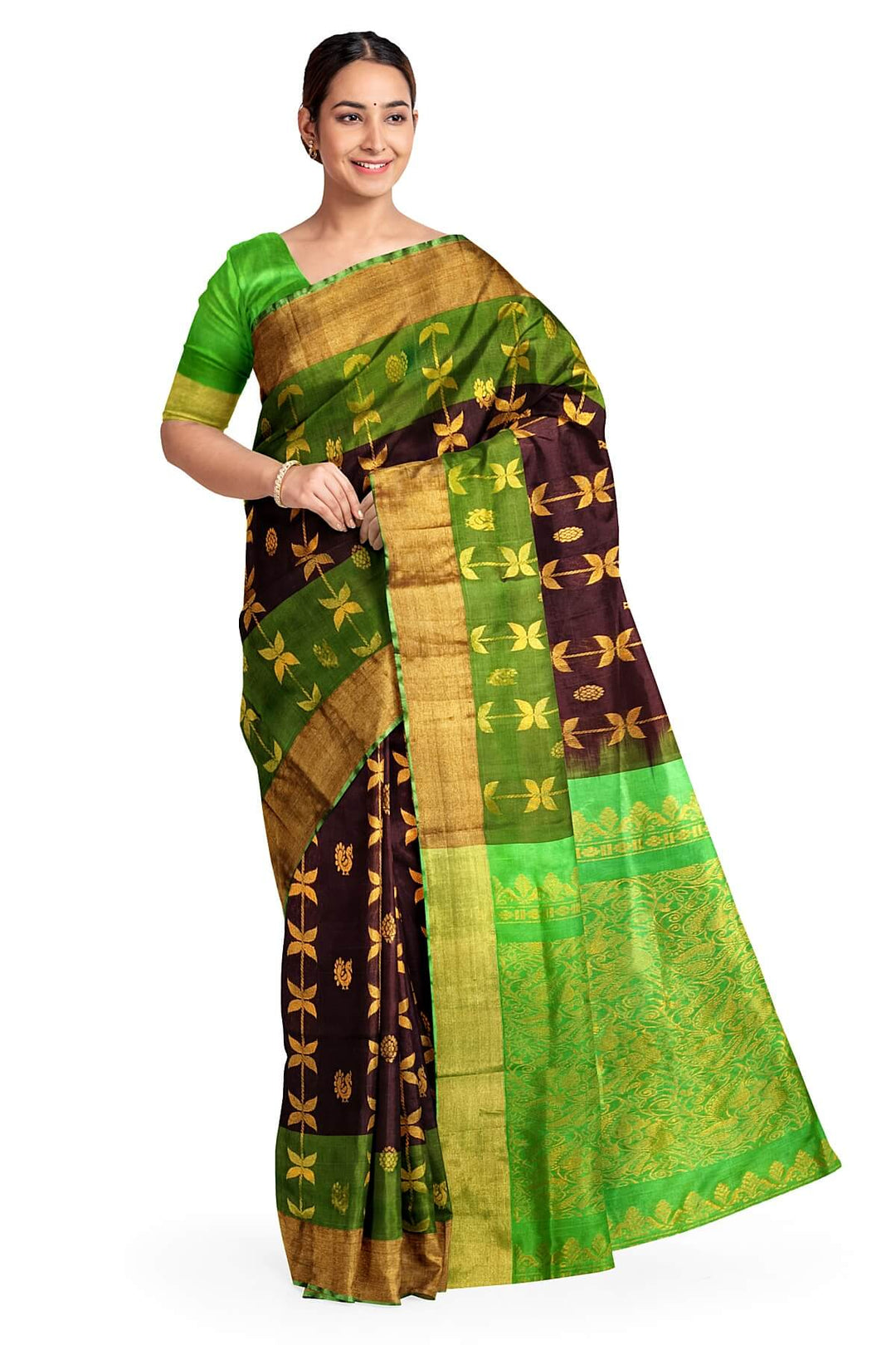 Handloom Uppada pure silk saree in brown with leaf & peacock motifs