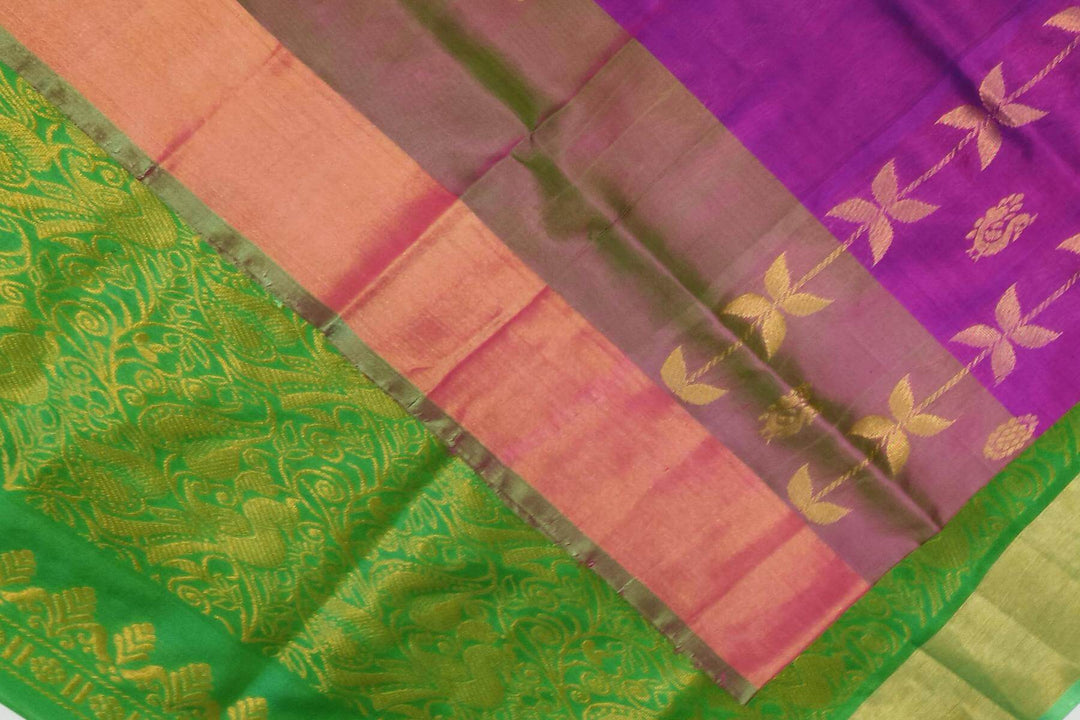 Handloom Uppada pure silk saree in purple with leaf & peacock motifs