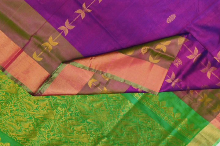 Handloom Uppada pure silk saree in purple with leaf & peacock motifs
