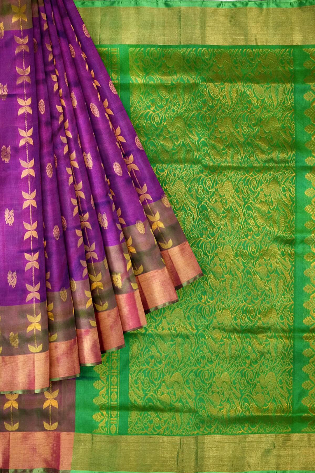Handloom Uppada pure silk saree in purple with leaf & peacock motifs
