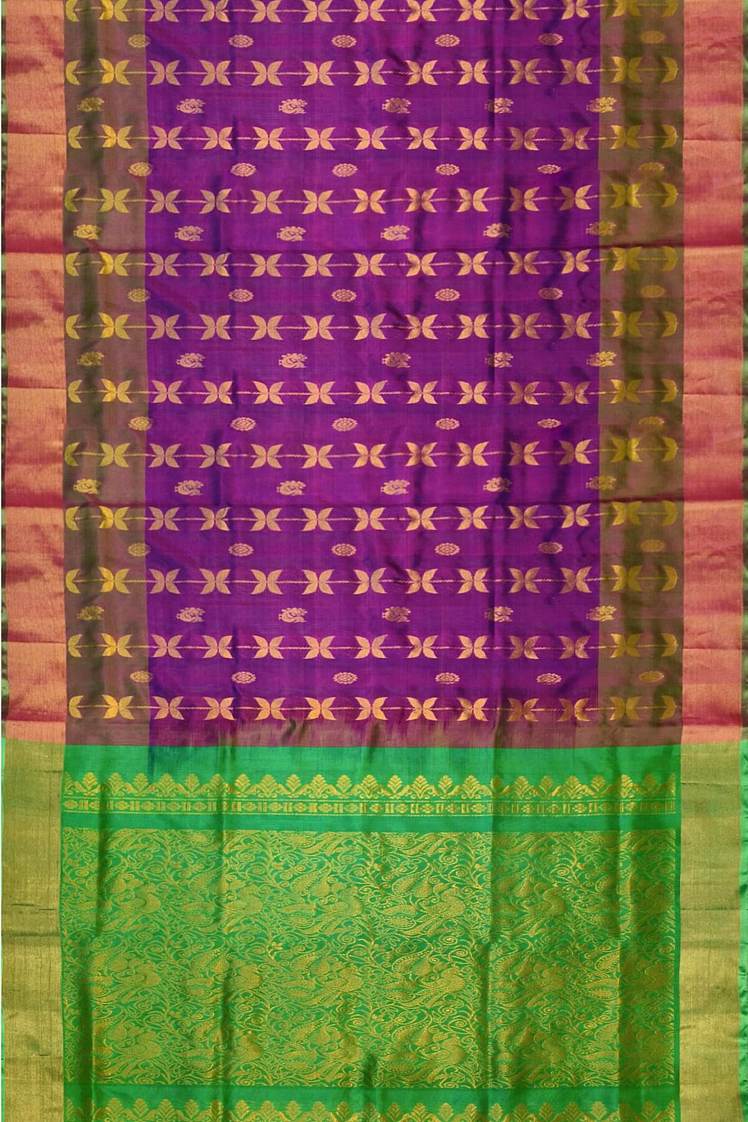 Handloom Uppada pure silk saree in purple with leaf & peacock motifs