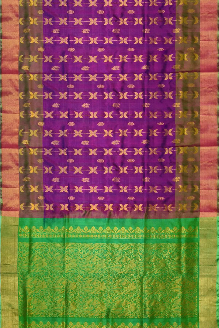 Handloom Uppada pure silk saree in purple with leaf & peacock motifs