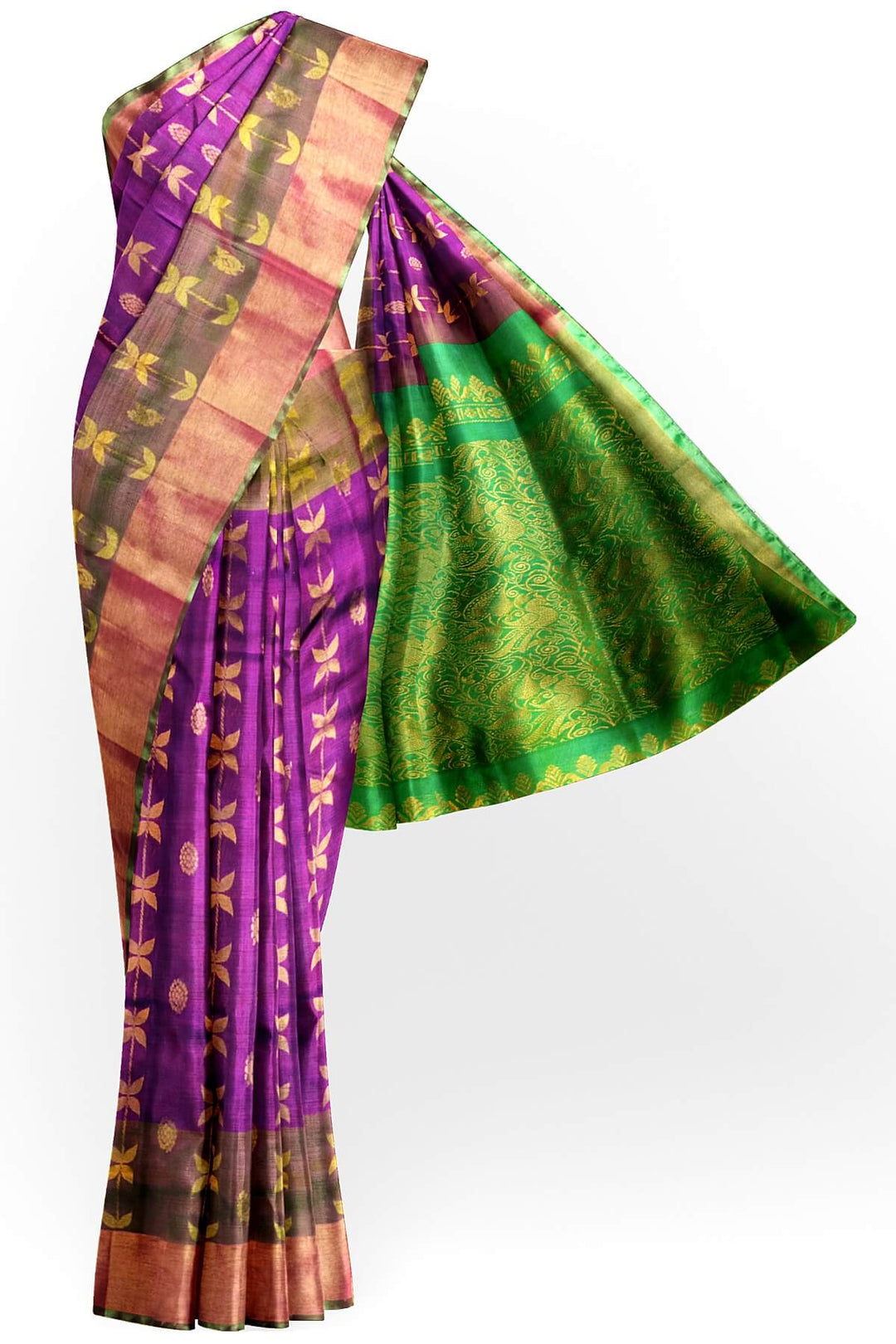 Handloom Uppada pure silk saree in purple with leaf & peacock motifs