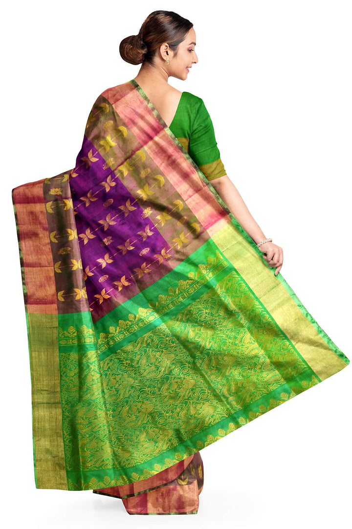 Handloom Uppada pure silk saree in purple with leaf & peacock motifs