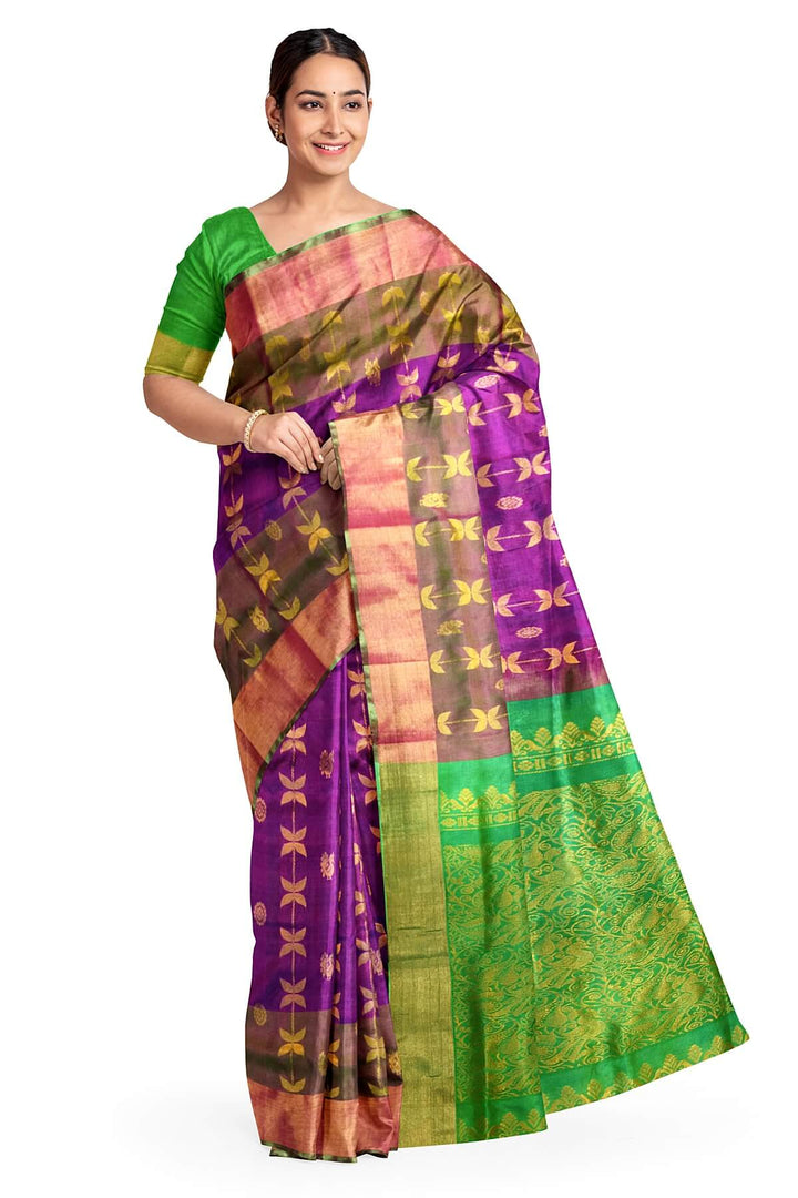 Handloom Uppada pure silk saree in purple with leaf & peacock motifs