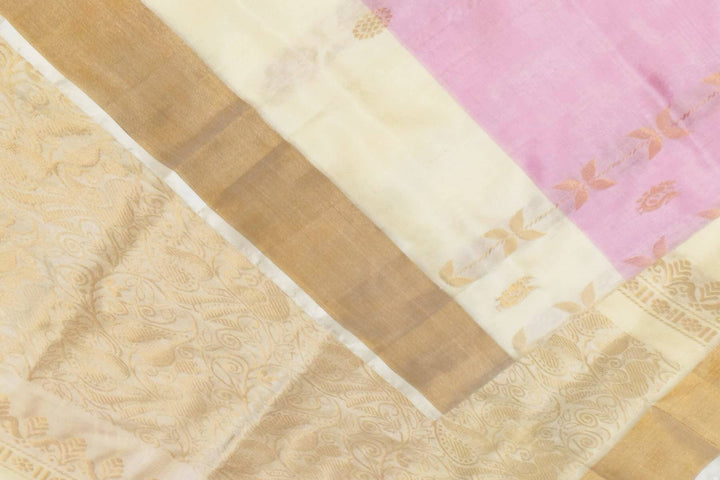 Handloom Uppada pure silk saree in baby pink with leaf & peacock motifs