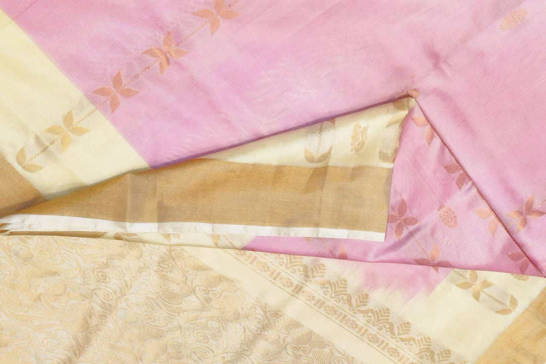 Handloom Uppada pure silk saree in baby pink with leaf & peacock motifs