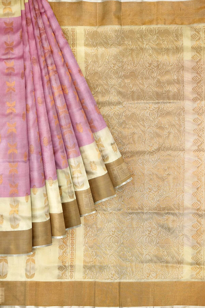 Handloom Uppada pure silk saree in baby pink with leaf & peacock motifs