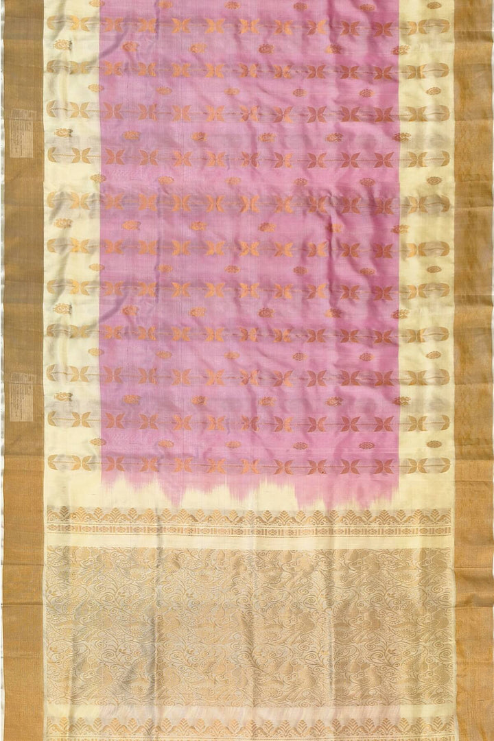 Handloom Uppada pure silk saree in baby pink with leaf & peacock motifs