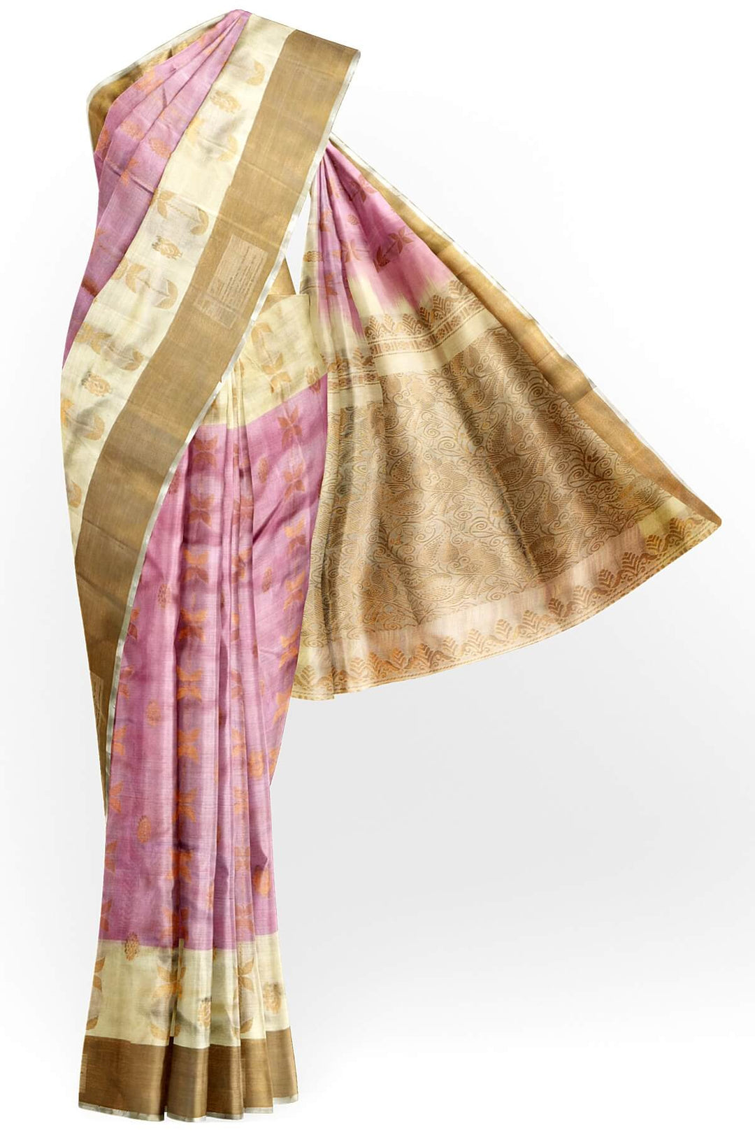 Handloom Uppada pure silk saree in baby pink with leaf & peacock motifs