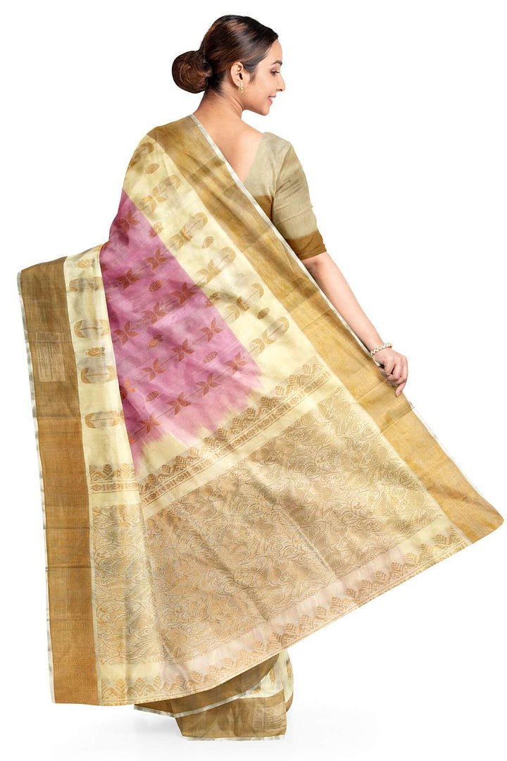 Handloom Uppada pure silk saree in baby pink with leaf & peacock motifs