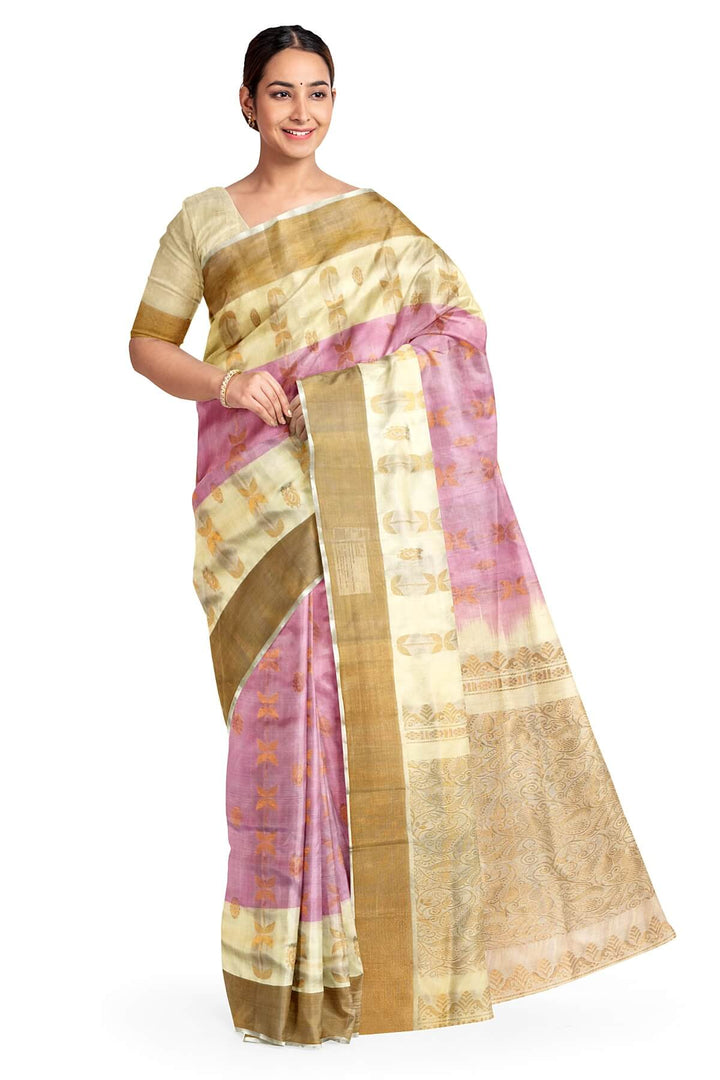 Handloom Uppada pure silk saree in baby pink with leaf & peacock motifs