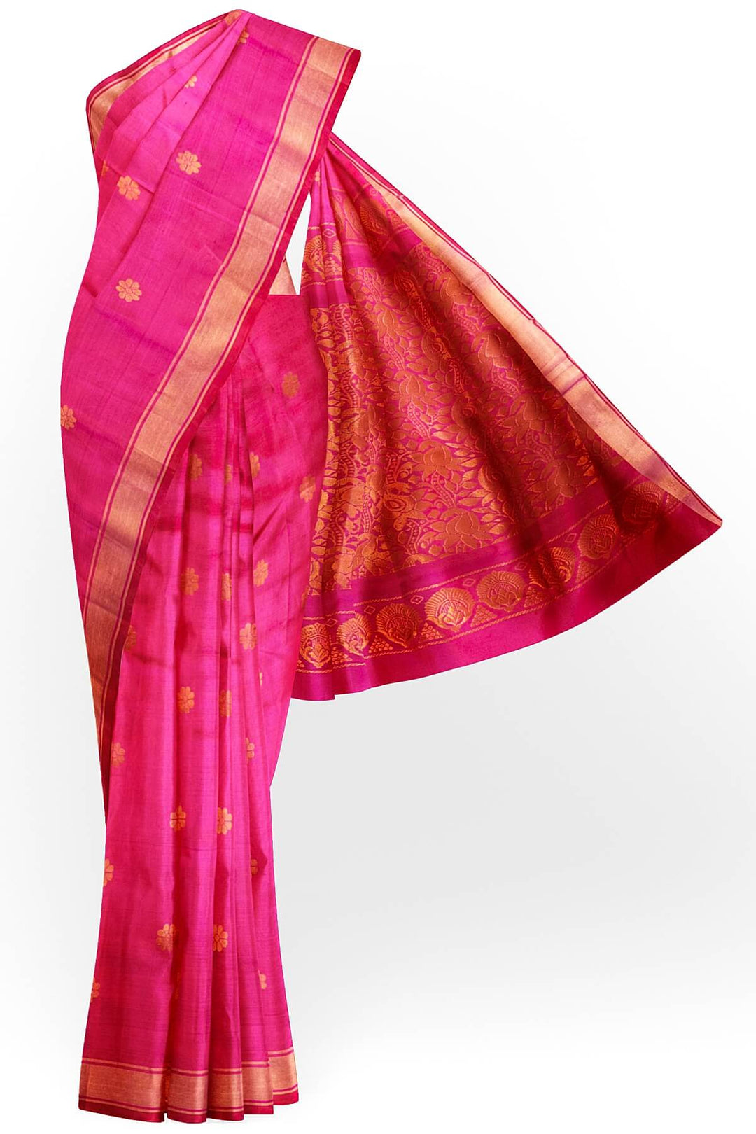 Handloom Uppada pure silk saree in rani pink with rich pallu and a  small border